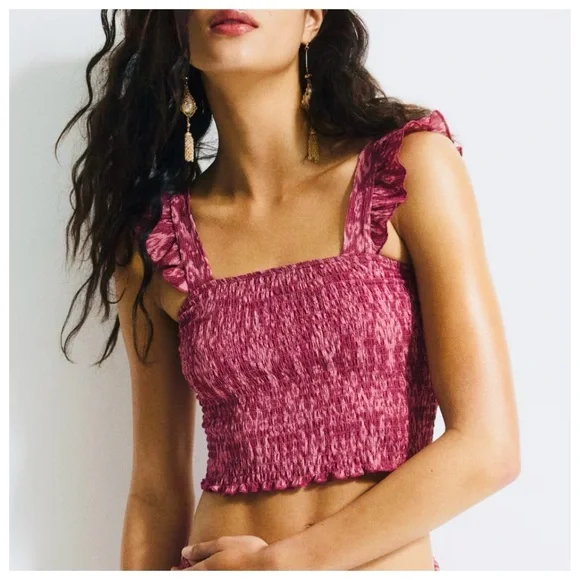 H&M Ruffle Smocked Crop Top Small Pink Pattern NWT - Picture 2 of 8